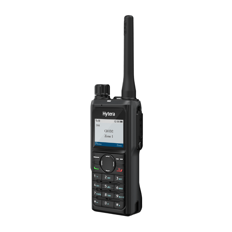 A black Hytera two-way radio with a display screen, keypad, and an antenna, shown against a plain white background.