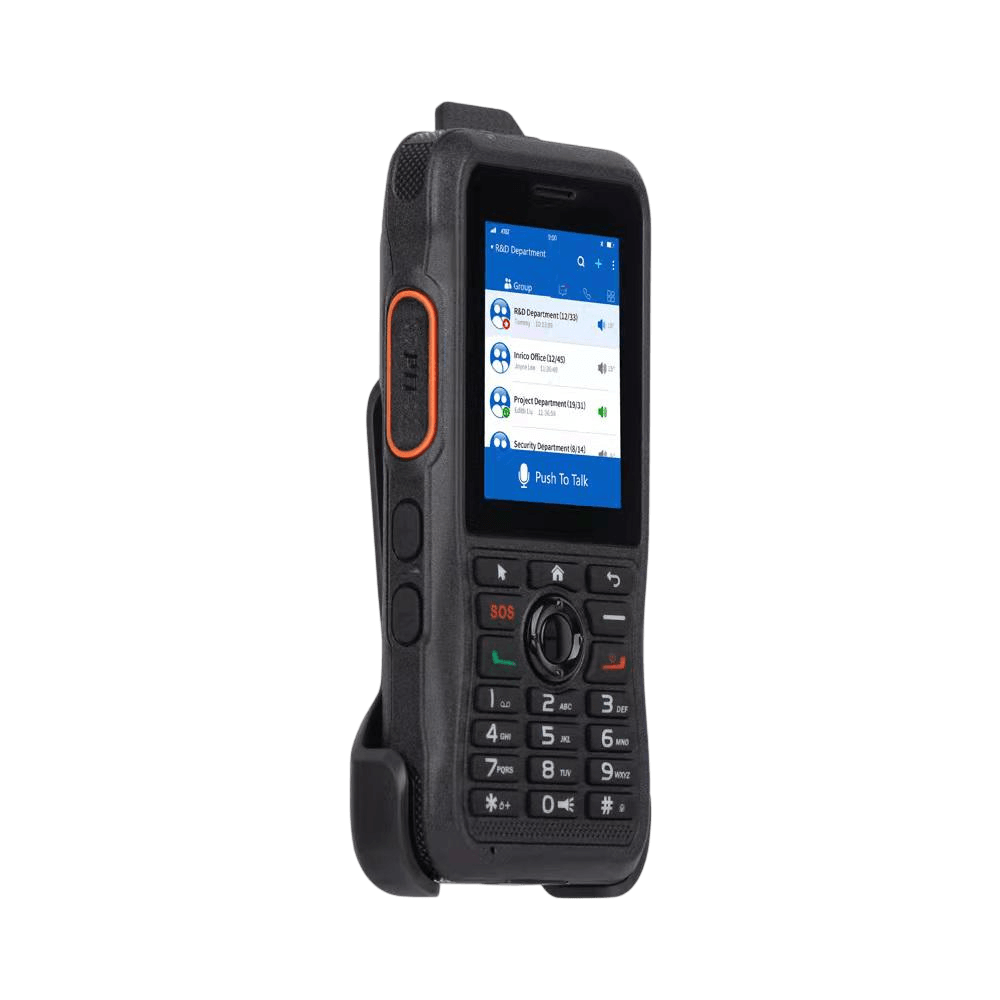 A rugged black Push-to-Talk over Cellular (PoC) handheld radio with a color screen, alphanumeric keypad, and a belt clip attachment.
