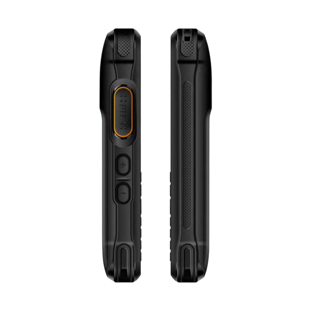 Side views of two black MVP E9 PoC radios showing the PTT button, volume controls, and textured grip panels.